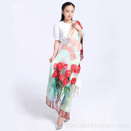 wholesales printed 50*185cm luxury red rose double side 100% silk scarf for women